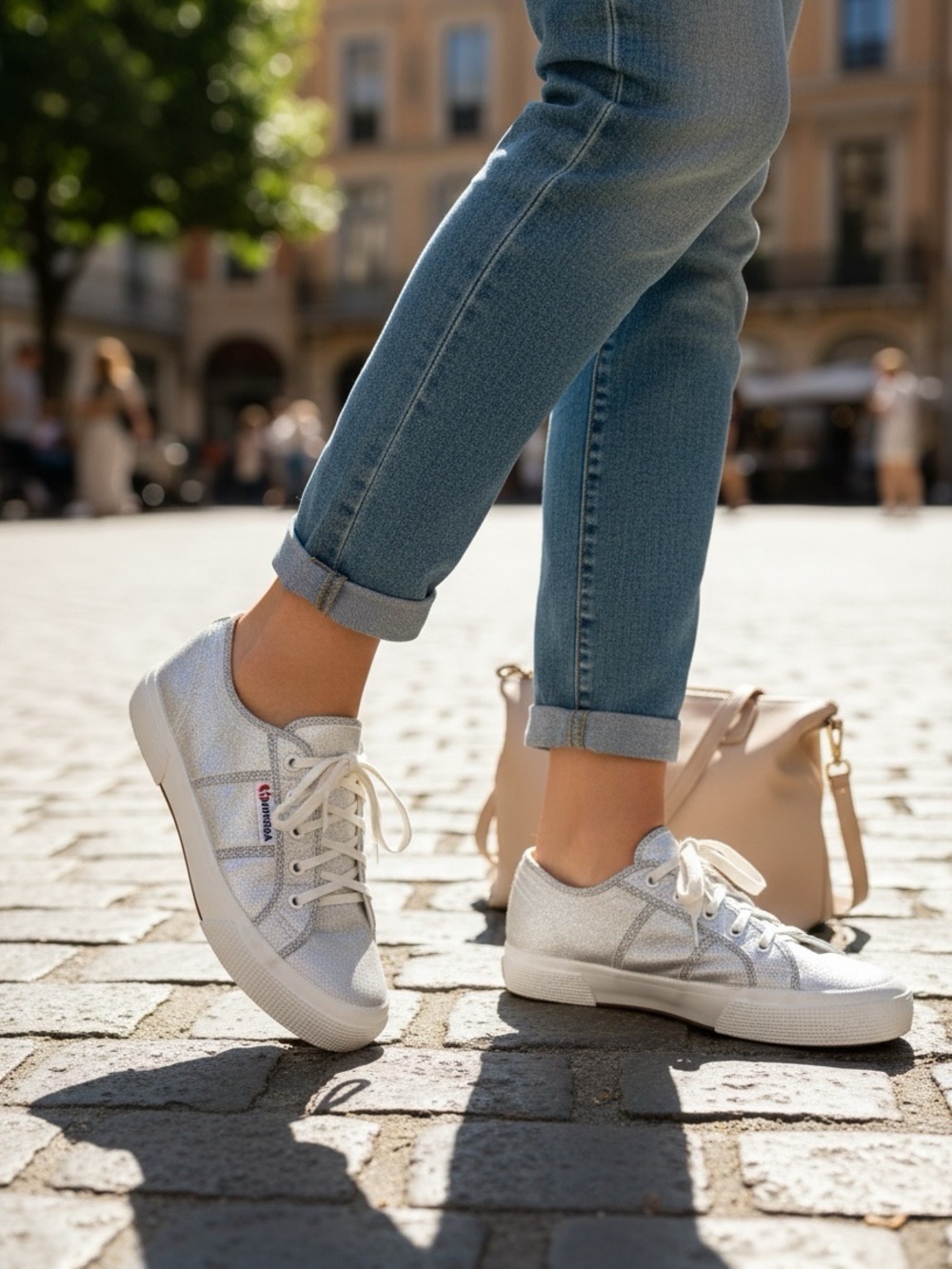 Superga Platform Sneakers Silver Size 37 or Size 6.5 Made in Italy Lace Up